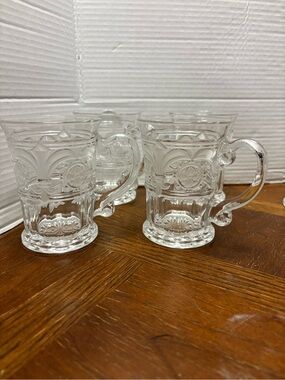 Fleur de Lis Collection Clear Pressed Glass Mugs with Embossed Fleur Motif X 4